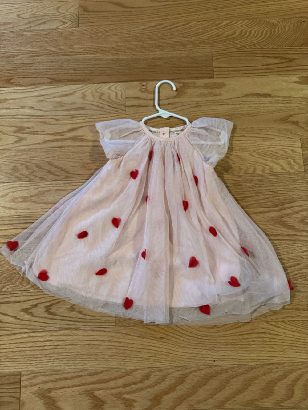 Mini Boden Pink Tiered Tulle Dress - Chalk Pink Hearts with Red Heart Appliques